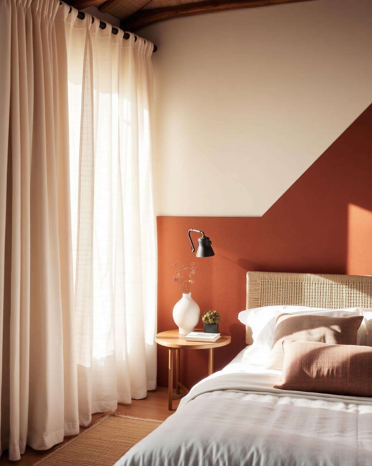 Bedroom styled with woven headboard and linen drapes