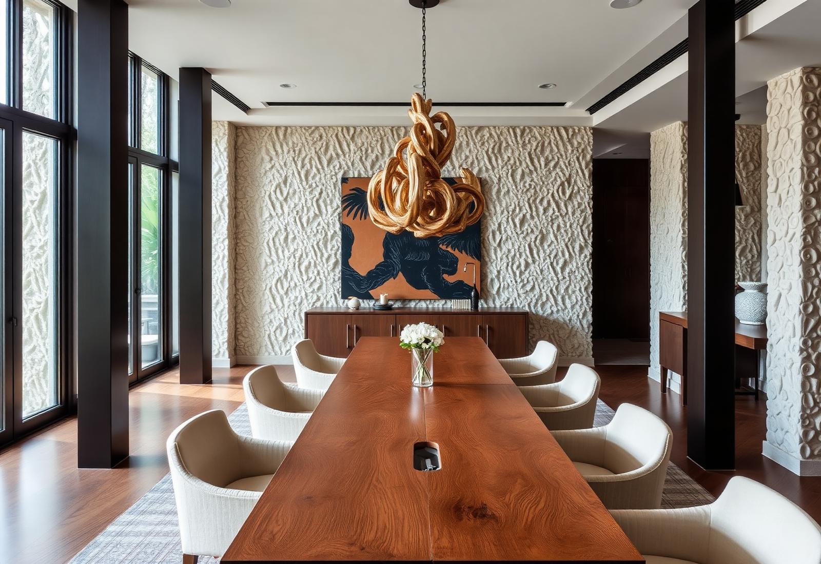 Dining room with carved wood table and sculptural pendant