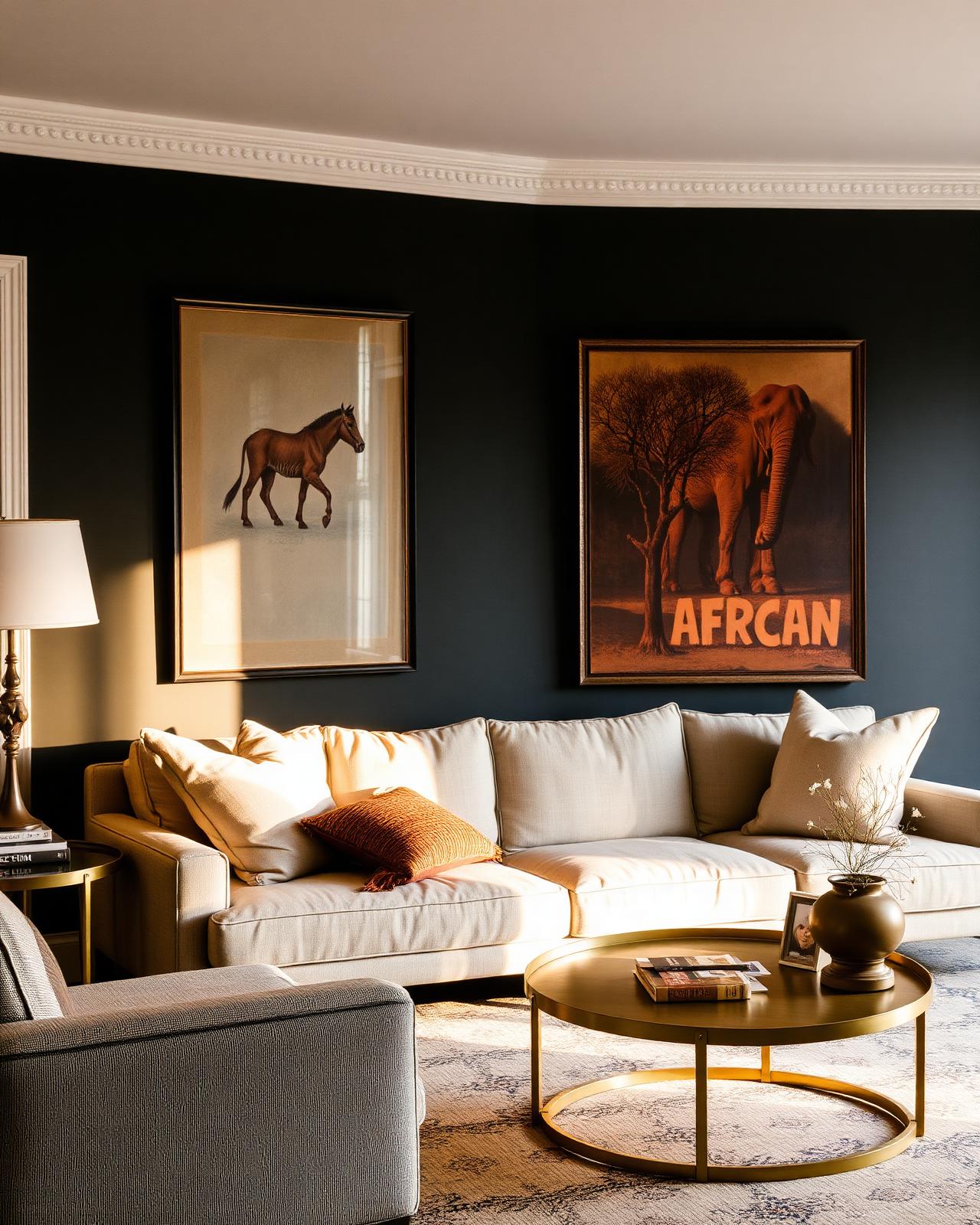 Lounge with curated African art and brass coffee table