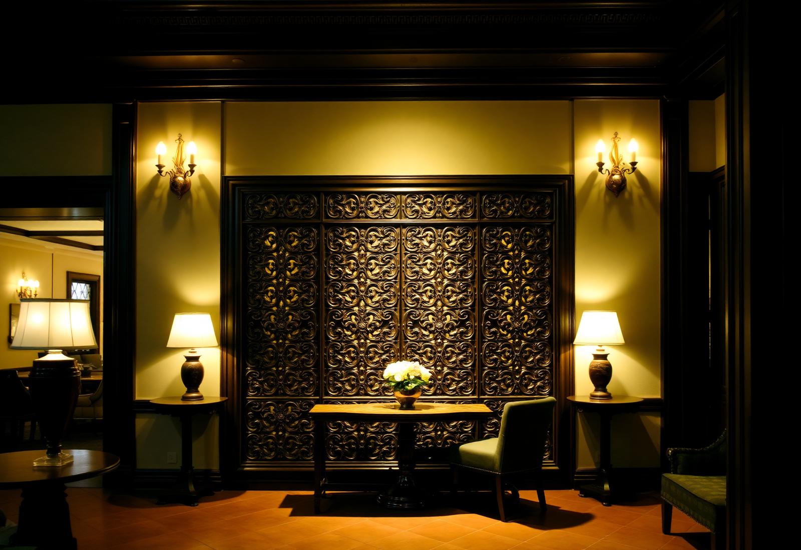 Hospitality lobby with carved screen and brass sconces