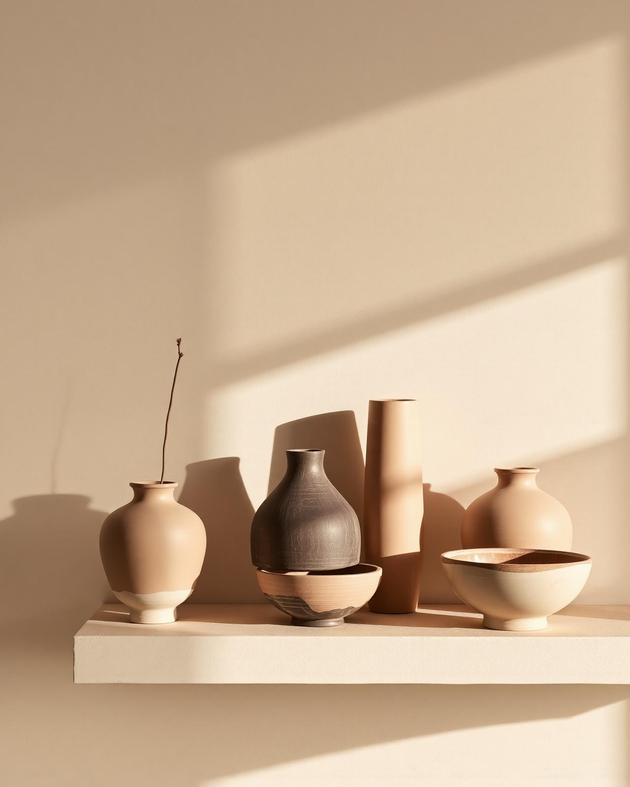 Sculptural ceramic still life on raw plaster shelf