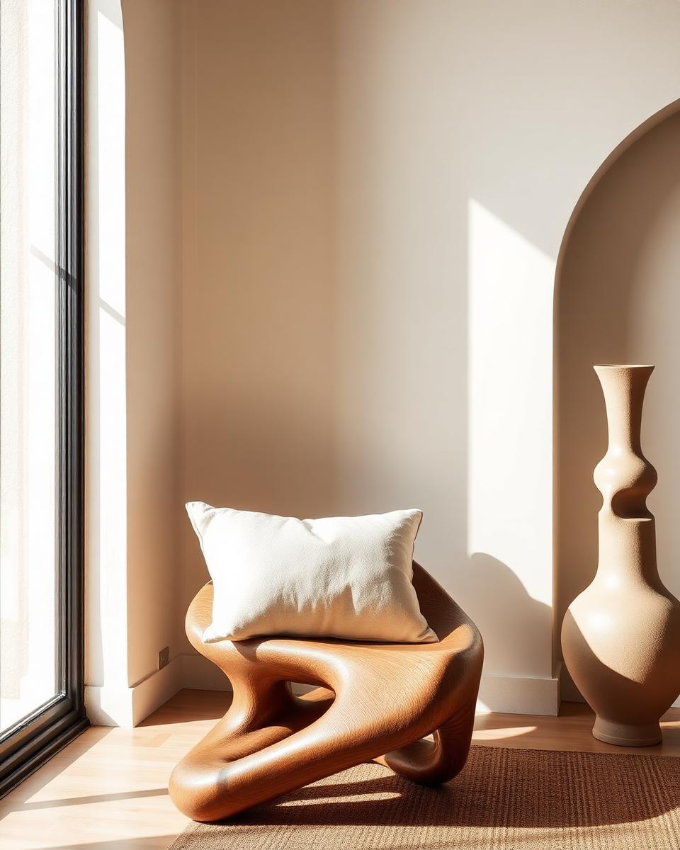 Sculptural carved wood chair and ceramic vase in bone-toned room